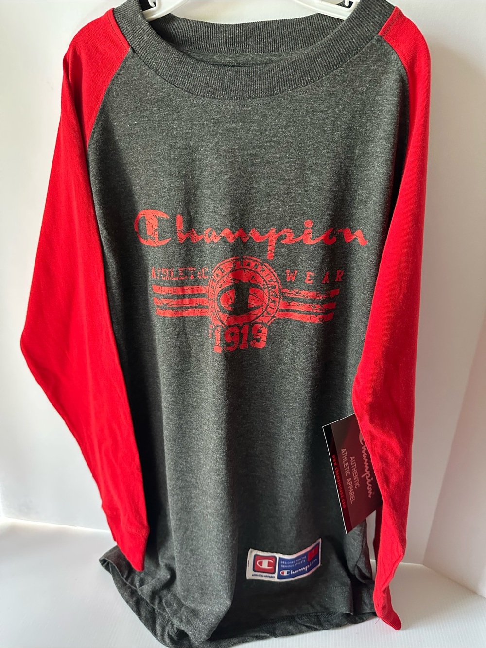 Champion Boys Size 8 Raglan Shirt Gray Red Long Sleeve NWT